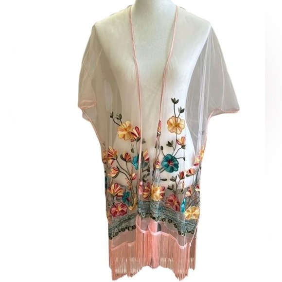 Haute Hippie Tops - Haute Hippie Pink Mesh Floral Embroidered Fringe NWT Festival Kimono One Size